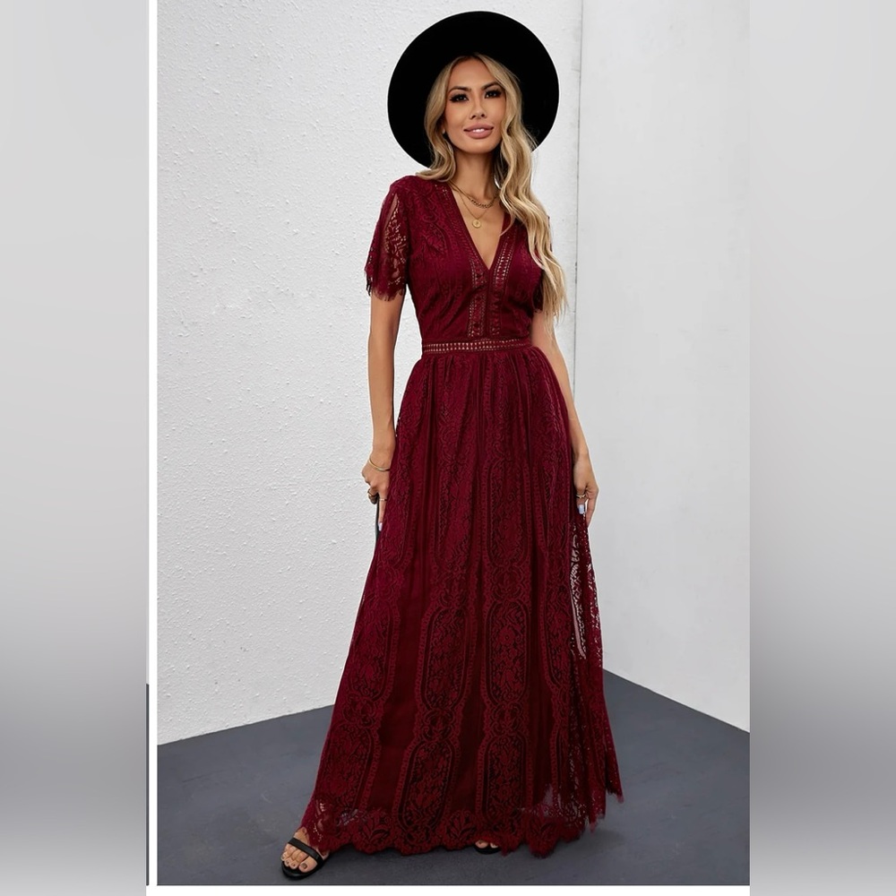 Burgundy Lace Maxi Party Dress